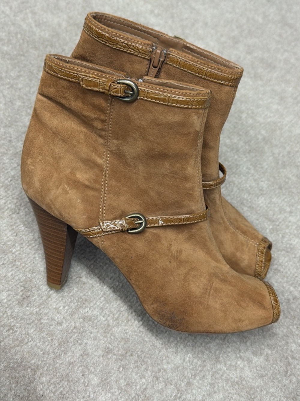 Worthington Tan Suede Peep Toe Ankle Boot Heels